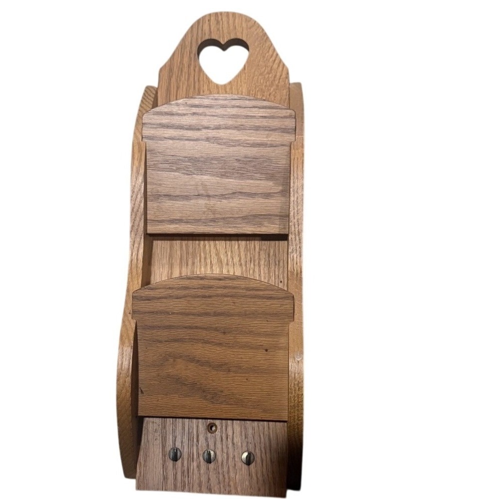 Vintage Harvest Oak Wood Wall Mail Letter Holder Key Rack Heart Cutout Organizer